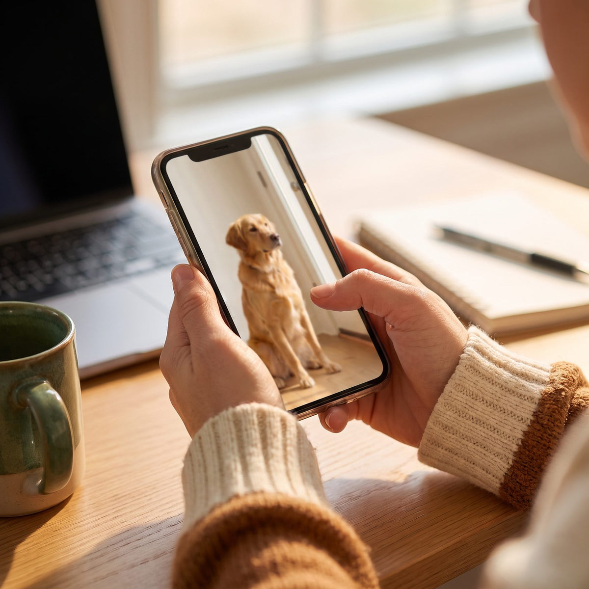 Person checking on a dog by phone